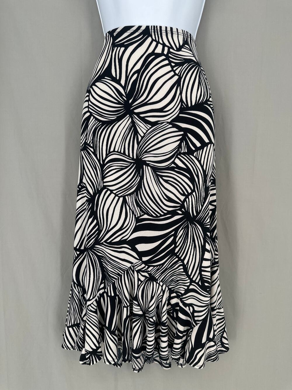 Y2K Vintage Skirt Womens Medium Black Floral Midi Ruffle Stretch Slinky Party